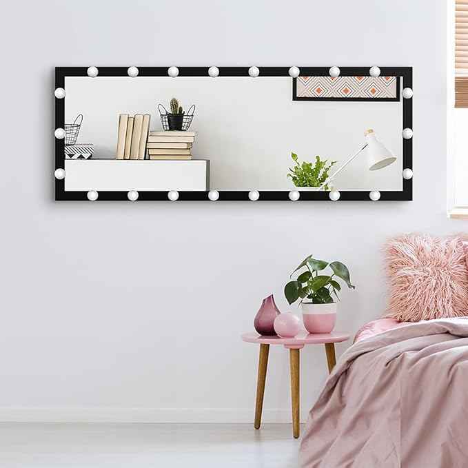 Full Length Mirror with Lights, 65" x 24" Led Standing Mirror, Wall Mounted and Floor Standing Bulbs, Wall Mounted for Bedroom,Dimming&3 Color Modes (Black)