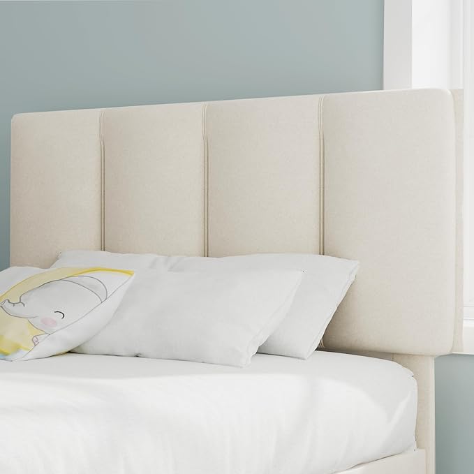 VECELO Twin Bed Frame with Upholstered Headboard, Heavy-Duty Platform Bedframe with Strong Wooden Slats Support, No Boxing Spring Needed, Pale Beige