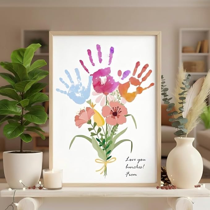 Physkoa Mom & Grandma Keepsake Gift — Handprint Flower Craft with Wood Frame — Great Grandma Gift for Birthday or Xmas— 2 Art Styles + Washable Ink Pads