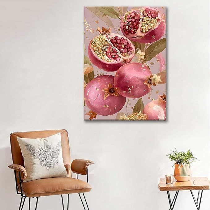 Paint by Numbers Kit for Adults Framed, Pink Pomegranates with Gold Accents, DIY Oil Painting, Pre-Printed Canvas Wall Art Home Decor Gift, 20x24inch Framed, 24 Colors