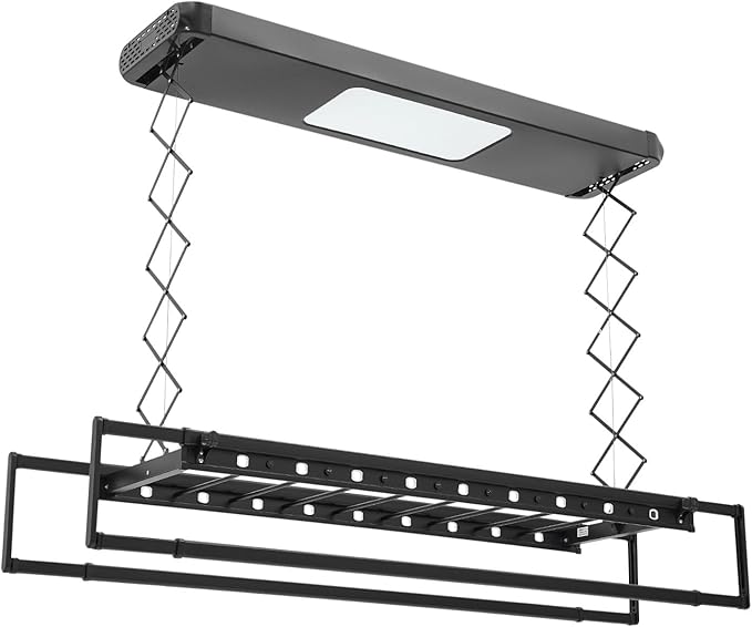 Electric Retractable Airing Rack, Ceiling Mounted Clothes Drying Rack, Retractable Clothesline, Vertical Laundry Drying Rod with LED Light & Remote, 110V 24W, Black