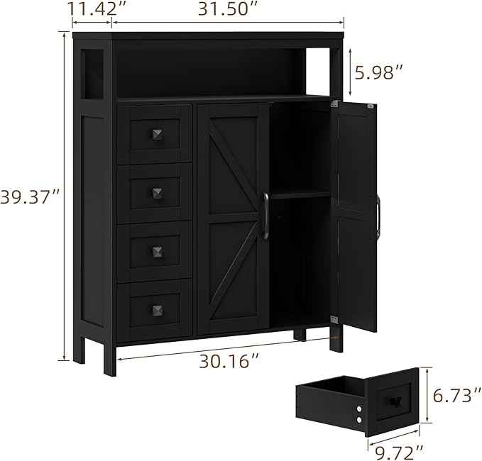 Vabches Farmhouse Storage Cabinet with 2 Doors and 4 Drawers, Freestanding Bathroom Compartment Kitchen Pantry Cabinet, Floor Cupboard for Kitchen/Living Room/Bathroom,Pure Black