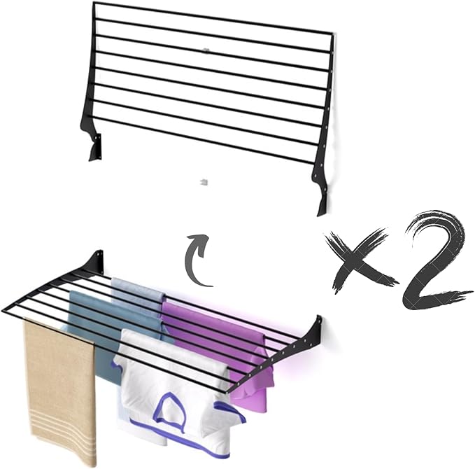 foxydry Fold, Wall Drying Rack, Vertical Drying Rack for Indoor and Outdoor Aluminium and Steel (Black - Closing Up, 2X Fold 100)