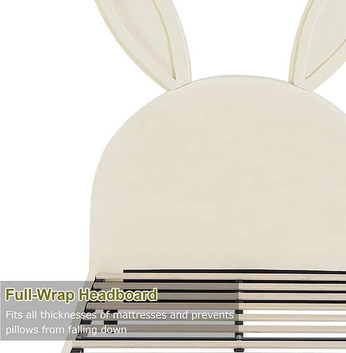 VECELO Twin Size Bed Frame with Storage Organizer, Heavy-Duty Platform with Rabbit Shaped Headboard for Girls Kids Room, Easy Assembly, Beige
