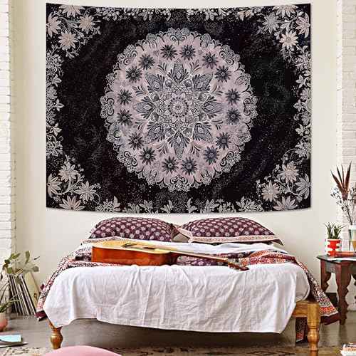 Boho Floral Mandala Tapestry Wall Hanging Grey Bohemian Flower Medallion Tapestry Aesthetic Gray Black Hippie Indian Small Tapestries for Bedroom Living Room Dorm Decor 48 x 36 Inch