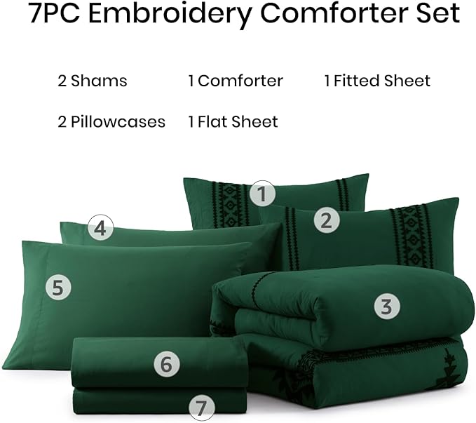MaiRêve Embroidery Comforter Set, Boho Farmhouse Western Bedding Set, All Season Bed in A Bag Comforter Set with Sheets, Pillowcases & Shams, Emerald Green King 7 Pieces
