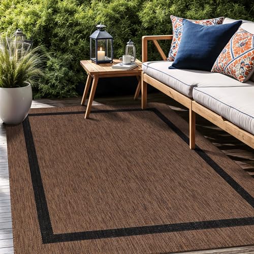 Bordered Outdoor Rug 6x9 Washable Outside Carpet for Indoor Patio Porch Waterproof Easy Cleaning Non Shedding Area Rugs Nut Brown