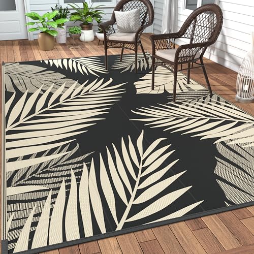 Outdoor Rug Waterproof Plastic Rugs 10'x14' for Camping Black Beige