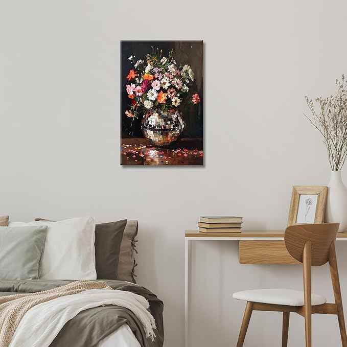 Colorful Moody Florals Disco Ball Wall Art, Maximalist Funky Wildflowers Bouquet Disco Ball Canvas Poster, Retro Cottagecore Flower Prints Paiting, Vintage Eclectic Wall Decor 24X36in Framed