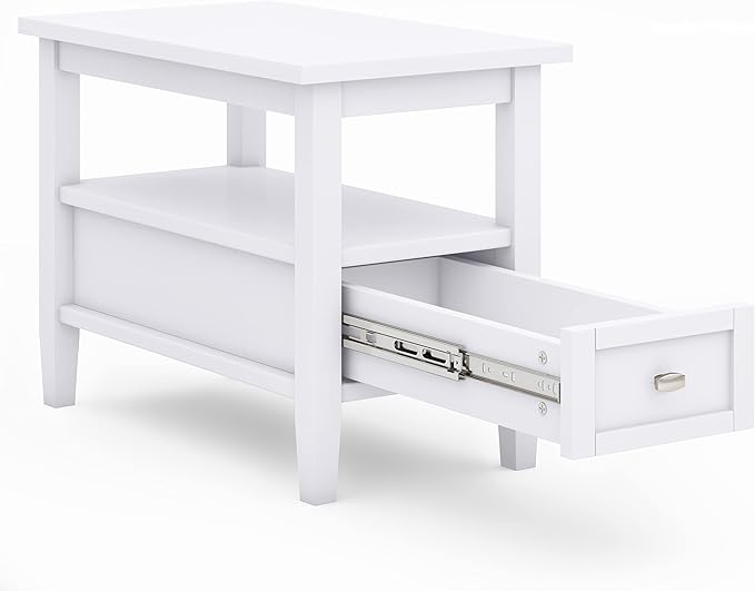SIMPLIHOME Warm Shaker End Table - 14 inch Wide Solid Wood Narrow Side Table in White, Transitional Accent Table for Living Room or Bedroom with Drawer, Open Shelf and Square Tapered Legs