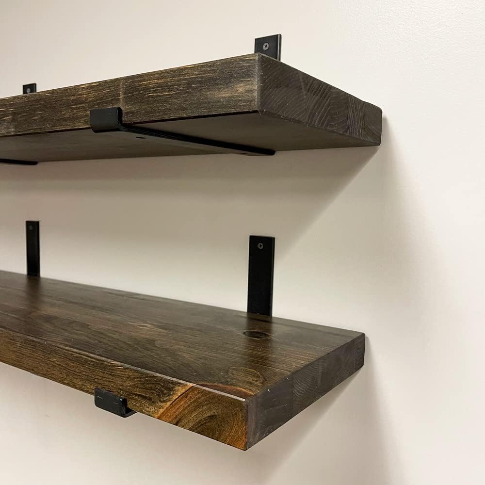 Rustic Shelves with J-Brackets Set of 2, Industrial Shelf, Kitchen Shelves, Solid Wood, Decorative Wall Storage, Heavy Duty, URBANDI (Dark Brown, 24Wx8D)