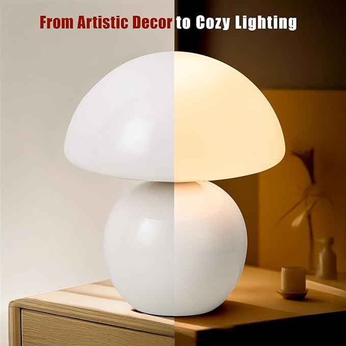 Mushroom Table Lamp, Ceramic Base with Milky White Glass Shade, Vintage Dimmable Bedside Nightstand Lamp for Bedroom, Reading, Home Décor, Gift for Friends White