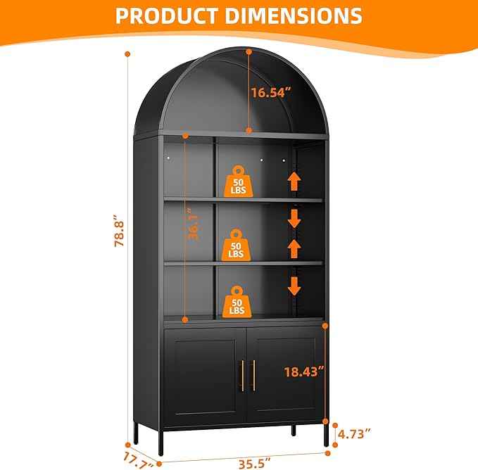 Metal Arched Bookcase Cabinet,Wide Black Arched Bookshelf with 2 Adjustable Shelf for Home Office Living Room,Required Assembly,17.7" D x 35.5" W x 78.8" H