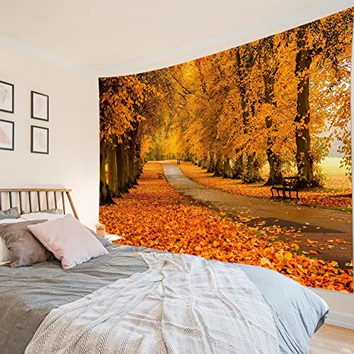 Fall Maple Forest Tapestry Natural Landscape Autumn Maple Tree with Vintage Road Fall Wall Hanging for Bedroom Living Room Dorm Home Party Decor 92.5x70.9 Inch