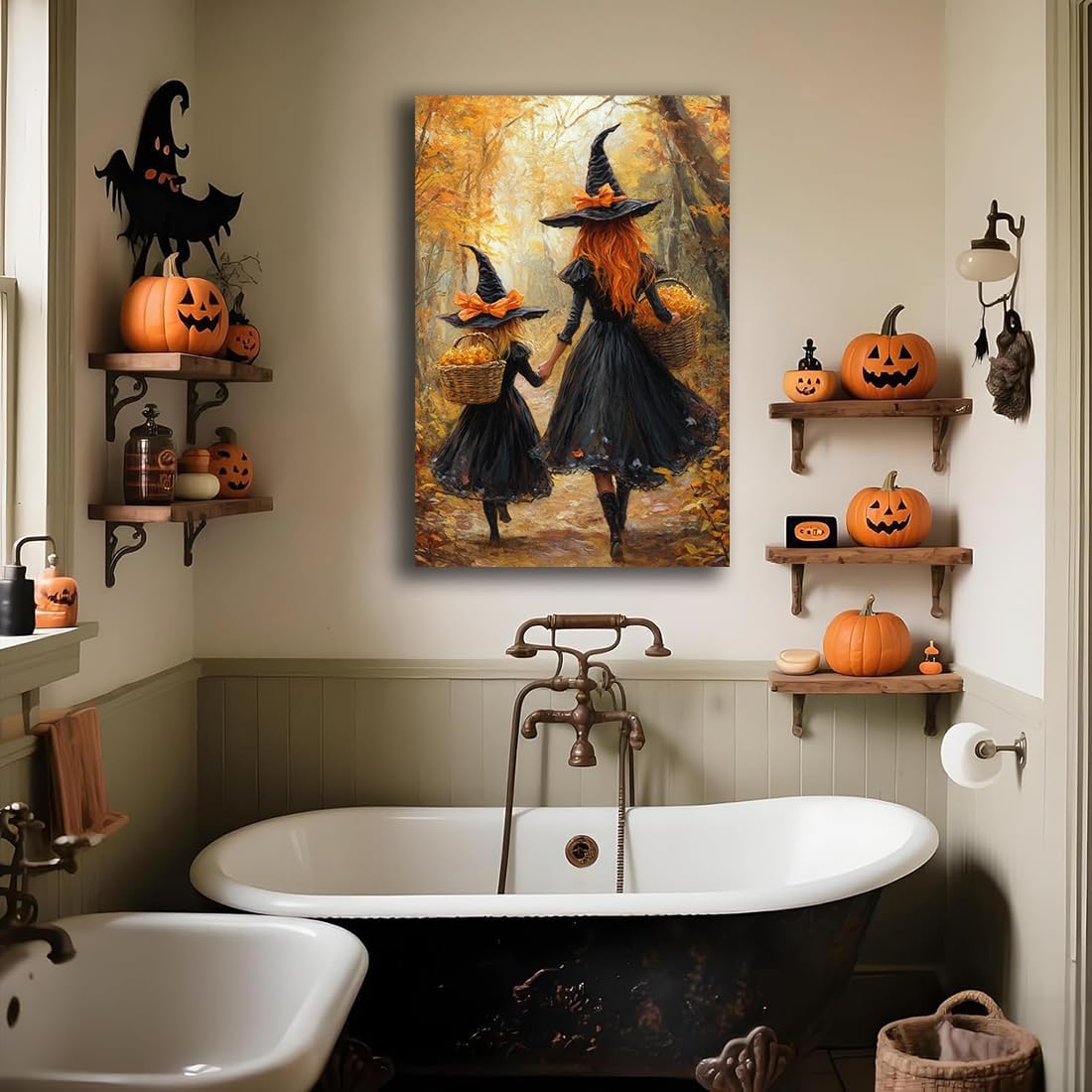 Mother Witch And Child Daughter Witch Wall Art,Halloween Autumn Woodland Forest Path Picture,Family Room Nursery Playroom Kids Room Decor,24"x36" Unframed