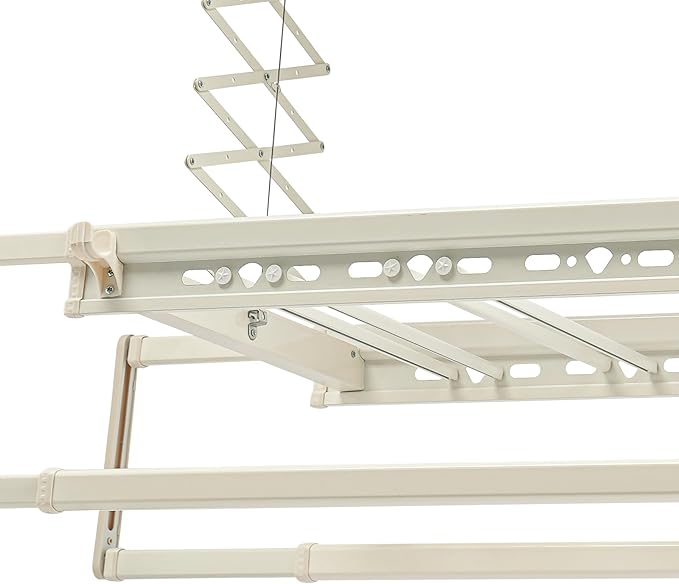 Electric Retractable Airing Rack, Ceiling Mounted Clothes Drying Rack, Retractable Clothesline, Vertical Laundry Drying Rod with LED Light & Remote, 110V 24W, Off-White Color
