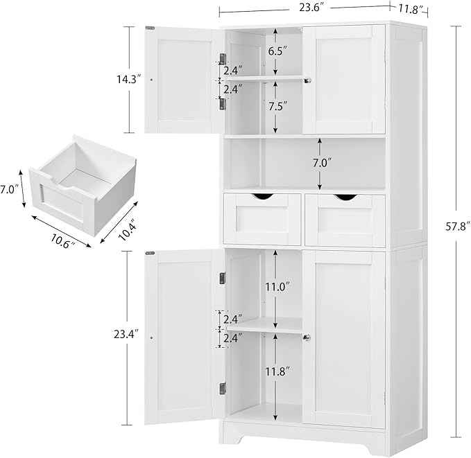 Iwell Tall Storage Cabinet with Adjustable Shelf & 2 Drawers, Kitchen Pantry Cabinet, Pantry Cabinets with 4 Doors, Tall Cabinets for Living Room, Kitchen, Bathroom, White