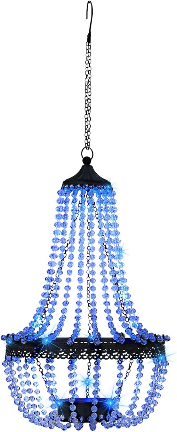 Hanging Solar Chandelier Outdoor, 30 Blue Lights Acrylic Clear Beaded Chandelier with S Hooks Modern Lantern for Garden Yard Patio Gazebo Decorations, 28”H