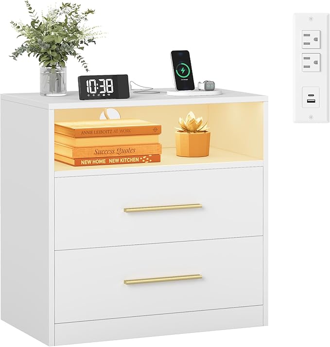 VASAGLE Custos Collection - Nightstand with Charging Station, LED Lights, Modern Night Stand, Side End Table with Drawers, Open Shelf, 2 AC Outlets USB Ports, Cloud White ULET639WB01S
