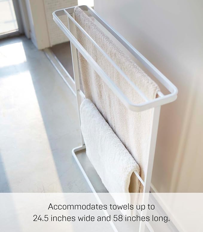 Yamazaki Home Tower Bath Towel Hanger - Bathroom Organizer Storage Holder Dry Rack, 30" - Steel - Holds Towels Up to 24.5" X 58"
