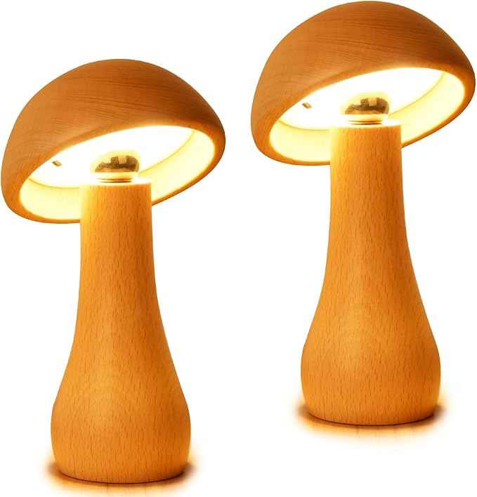 2 Pack Wooden Mushroom Lamp, Portable Cordless Small Rechargeable Battery Operated Lamp,Stepless Dimming,Night Light for Birthday Gifts