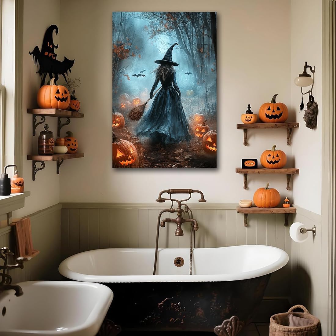 Vintage Moody Halloween Witch Artwork Wall Decor,Spooky Halloween Gothic Canvas Artwork Creepy Horror Witch with A Broom Pumpkin Bats Rustic Forest Picture,Dark Academia Poster,24"x36" Unframed