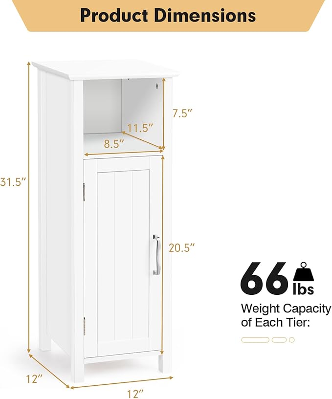 COSTWAY Bathroom Storage Cabinet, Freestanding Narrow Storage Organizer with Open Shelf & Adjustable Shelf, Small Slim Floor Cabinet for Bathroom, Living Room, Entryway, Office, White
