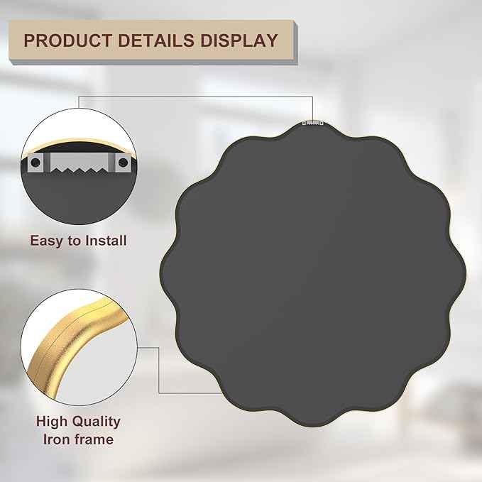 PROHOMEWARE Gold Round Mirror 36 Inch Wavy Bathroom Vanity Mirror Gold Frame Modern Wall Mirror Decorative Wall-Mounte Anti-Rust, Tempered Glass