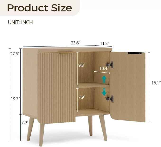 23.6" Modern Fluted Sideboard Cabinet with 2 Doors, Wood Storage Credenza with Shelves, Multi-Purpose Buffet Cabinet for Entryway, Dining & Living Room, Natural Wood