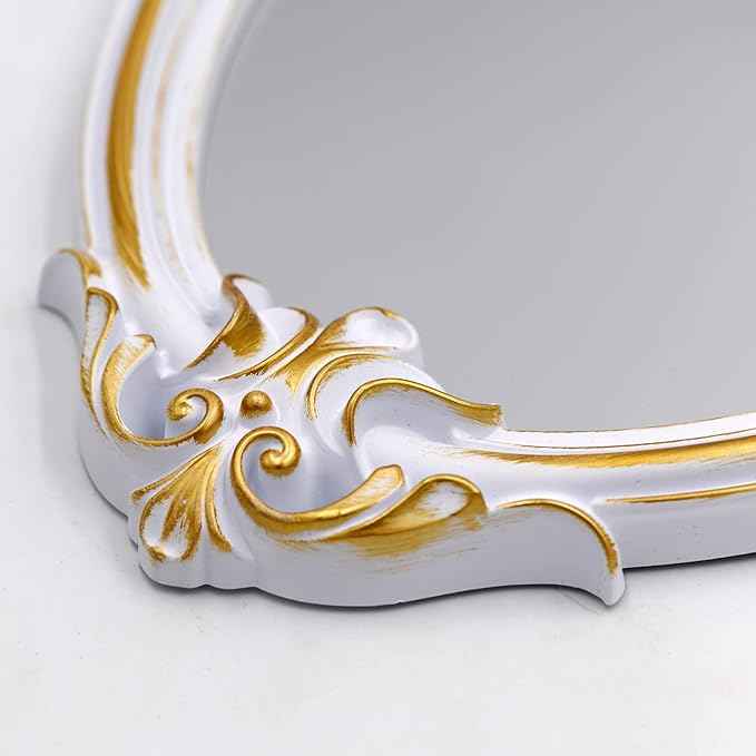 Eaoundm 16.5 x 11 inch Vintage Mirror Antique Mirror Decorative Wall Mirror Shield Shape (White)