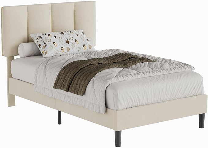 VECELO Twin Bed Frame with Upholstered Headboard, Heavy-Duty Platform Bedframe with Strong Wooden Slats Support, No Boxing Spring Needed, Pale Beige
