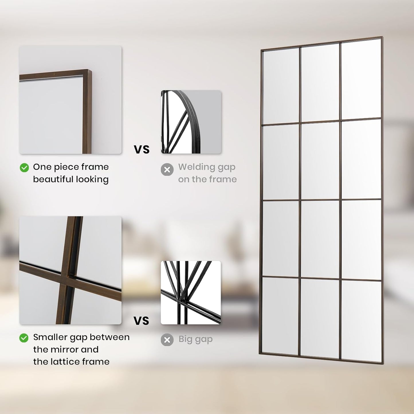 Windowpane Mirror Full Length 65"x24" Wall Mounted Bronze Art Pane Mirror Farmhouse Decorative Floor Mirror Leaning Hanging Wall Mirror for Bedroom Living Room Entrance