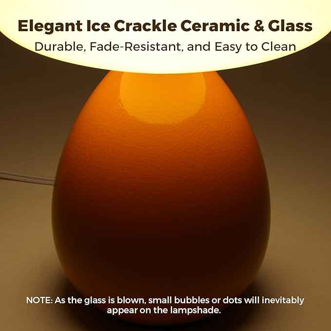Mushroom Lamp, Vintage Small Table Lamp for Bedroom, Ice Crack Ceramic LED Night Light for Kids, Mid Century Modern Bedside Lamp for Nightstand, Living Room, Home Decor Gift Ideas for Women, Orange