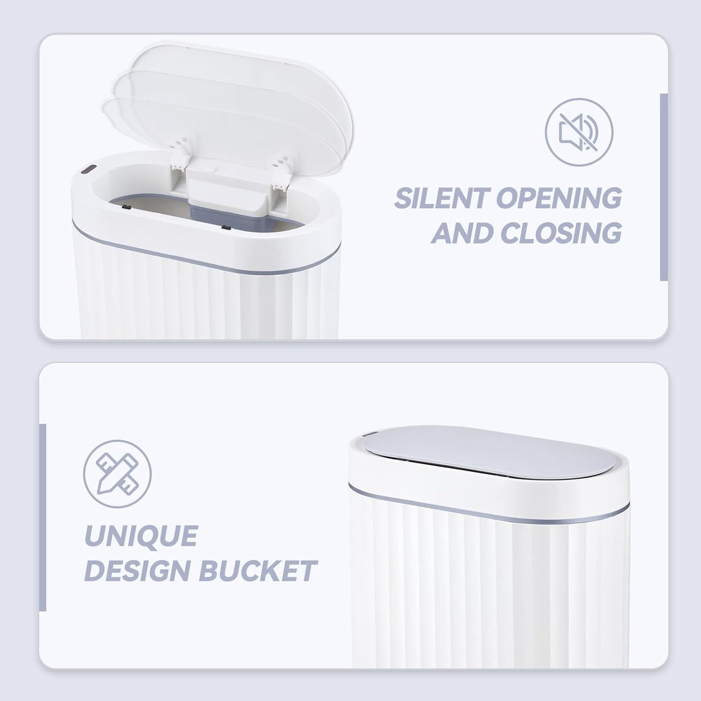 ELPHECO Bathroom Motion Sensor Trash can 2 Gallon Automatic Garbage Can, Slim Plastic Smart Trash Can with Lid, Commercial Intelligent Trash Bin for Bedroom, Bathroom, Office, White with Grey Trim