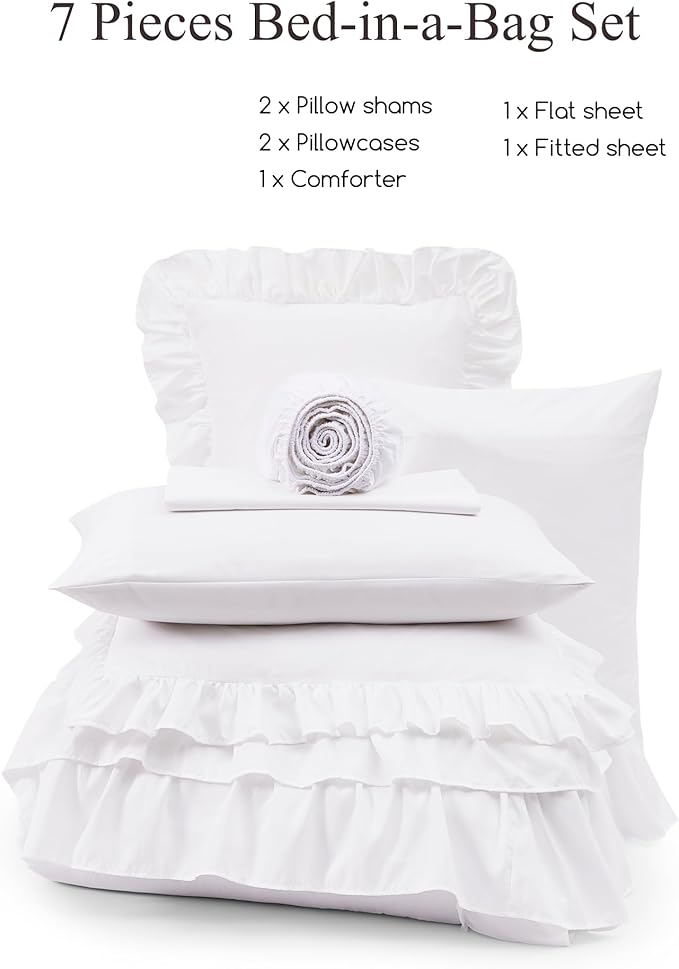 King Size Comforter Set White, Ruffle Shabby Chic Bedding Set Farmhouse 7 Pieces, All Season Fluffy Bed in a Bag with Sheets, Pillowcases & Shams