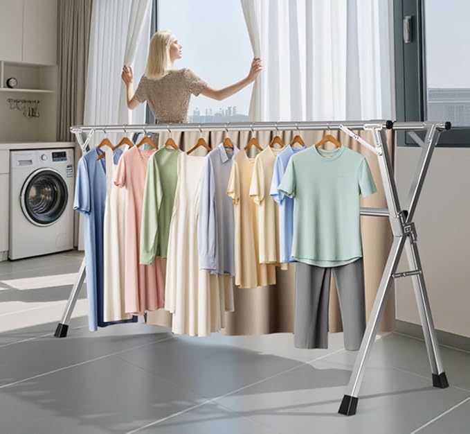 95 Inches Heavy - Duty Stainless Steel Folding Clothes Drying Rack Clothing Indoor Outdoor Anti-Rust 20 Windproof Hooks Portable & Foldable Laundry Rack (95'')