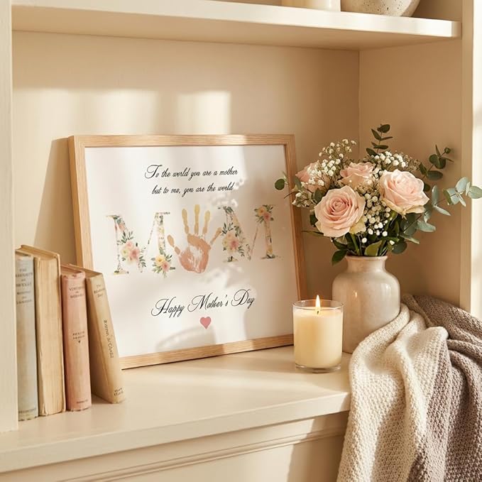 TwoDays Mother's Day Handprint Gift from Kids - DIY Keepsake Craft for Mom & Grandma, Family Activity Handprint & Flower Kit, Great Gift for Mother’s Day (11" X 14", Wood Frame)