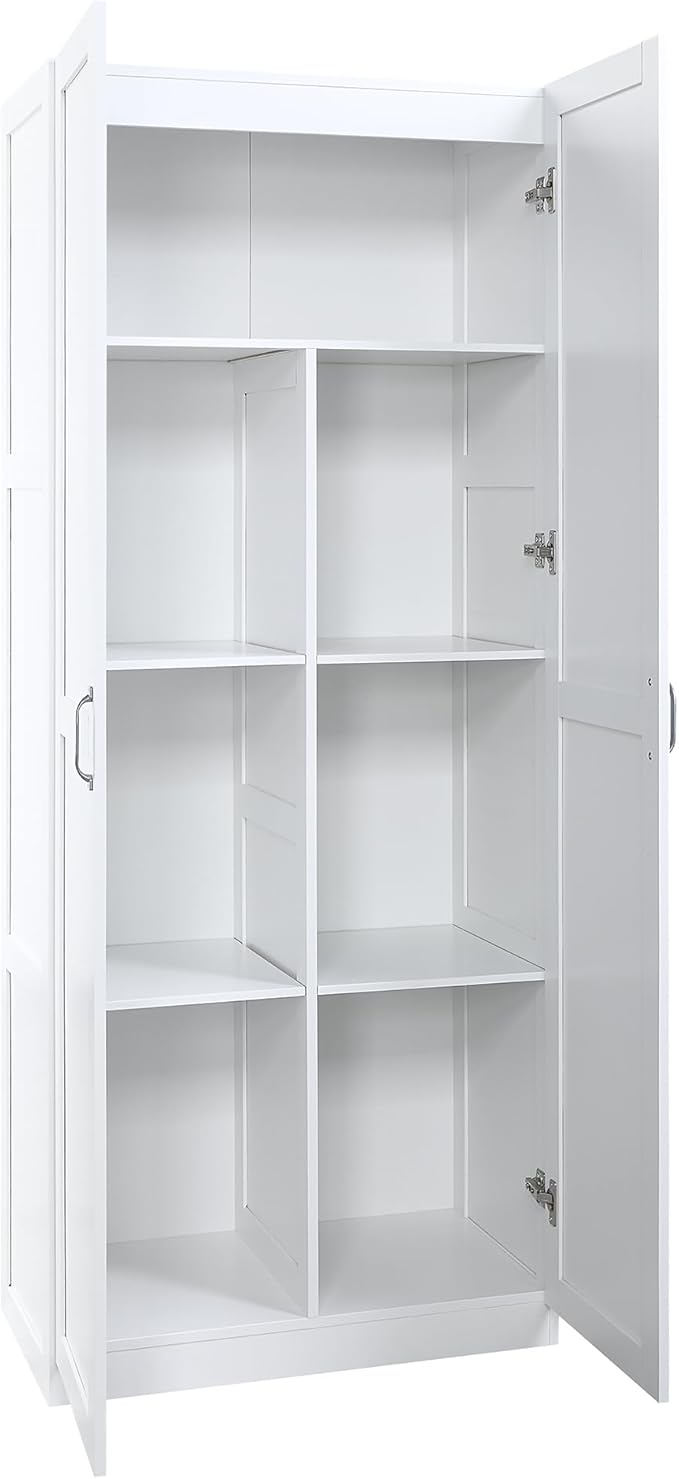 Manhattan Comfort Cornelia Modern Tall Storage Cabinet with Doors and Adjustable Shelves 1.0 - Freestanding Pantry Organizer for Kitchen, Laundry Room, Garage, or Mudroom, Set of 2, White