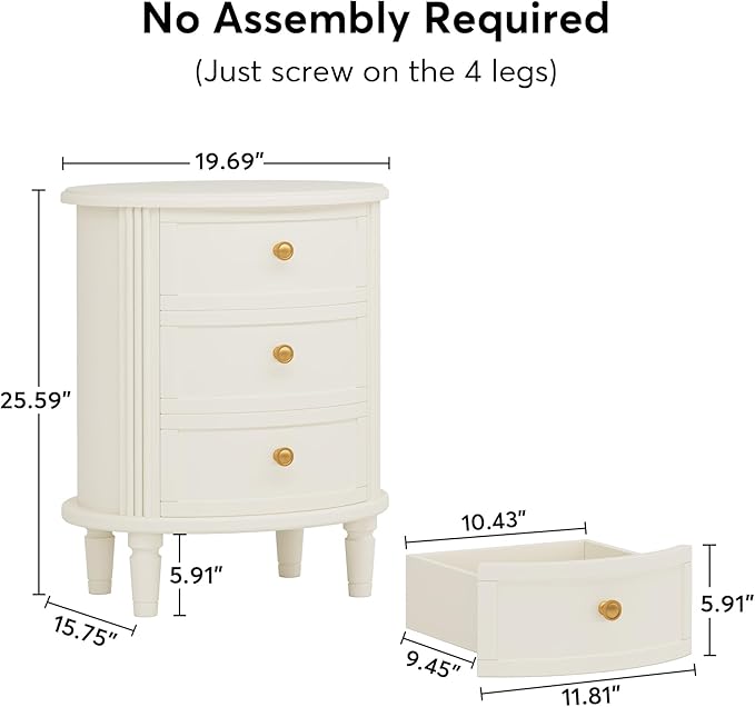LITTLE TREE No Assembly Nightstand with 3 Drawers, Farmhouse Off-White Bedside Table for Bedroom, All Wooden Oval Nightstand with Storage