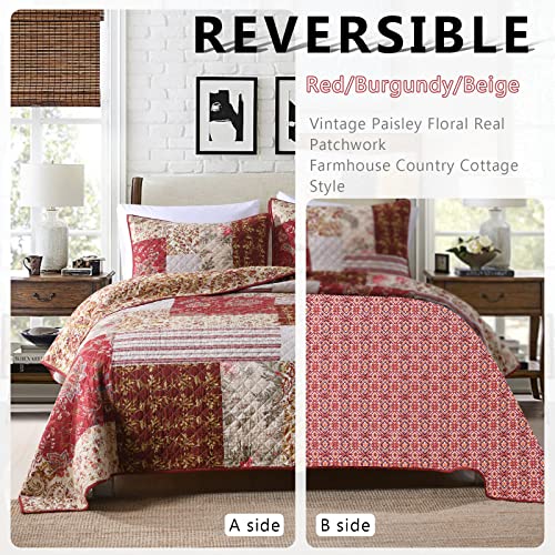King Quilt Set Quilted Bedspread Country Farmhouse Cottage Vintage Ditsy Floral Paisley Style Reversible Lightweight Coverlet Set Real Patchwork Quilt for All Seasons