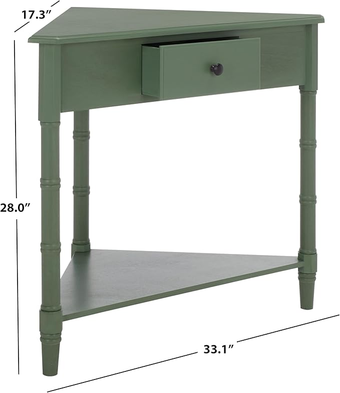 SAFAVIEH Home Collection – Gomez Dusty Green Corner Table, 1-Drawer Space-Saving Triangle Accent Table, Classic Turned-Leg Design (AMH5709J)