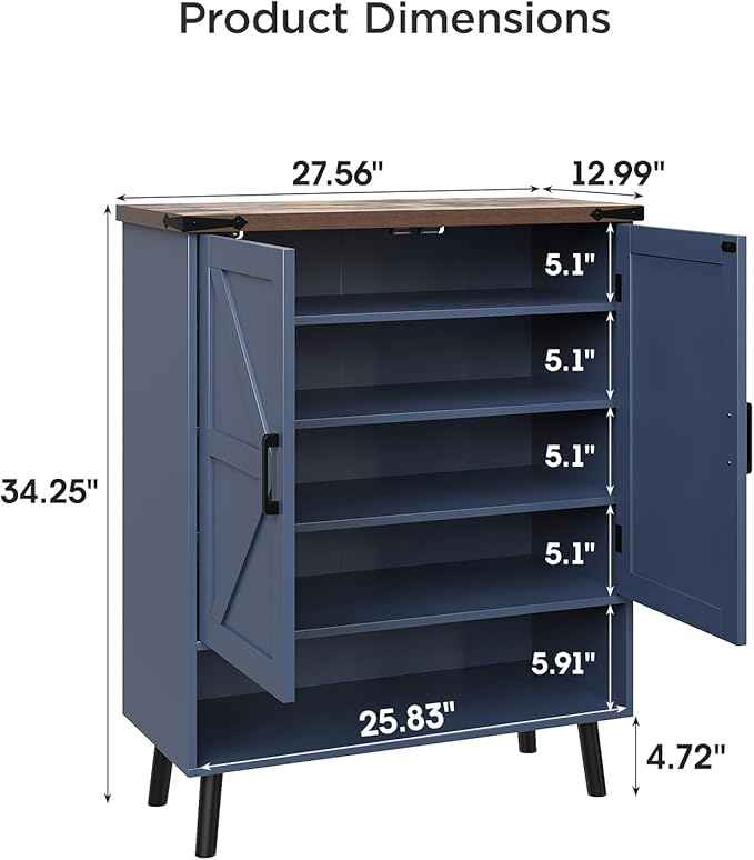 Vabches Farmhouse Shoe Storage Cabinet with Doors, 5 Tier Small Shoe Cabinet with Adjustable Shelves and Metal Legs, 34" Tall Shoe Rack Organizer for Entryway, Foyer, Navy Blue