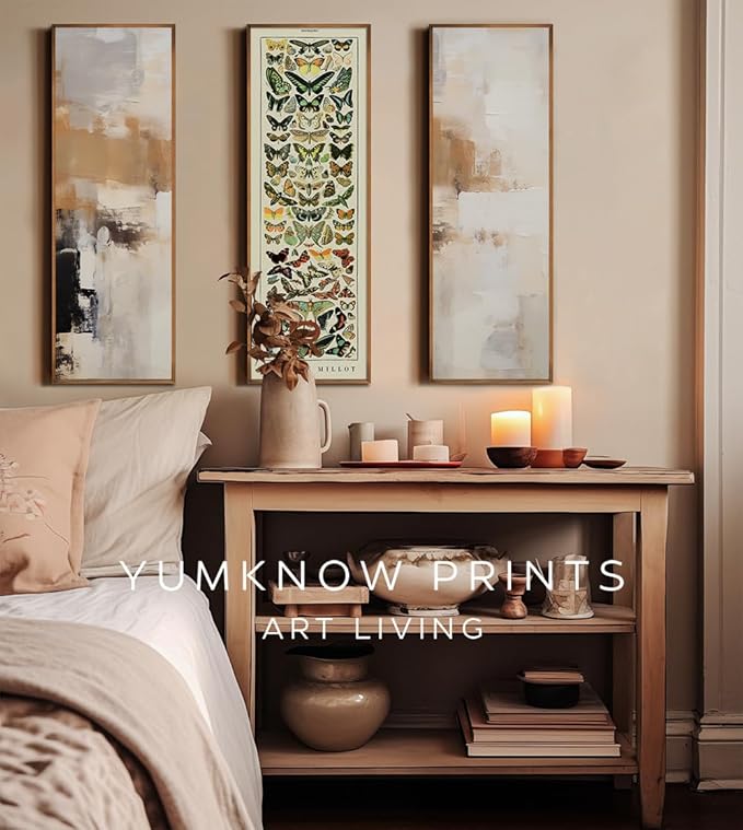 Vintage Farmhouse French Country Bedroom Wall Decor Above Bed - 10x30" - Vertical Wall Art Over the Bed - Panoramic Butterfly Pictures Sign - Canvas Oil Painting Long Narrow Millot Papillons Wall Art