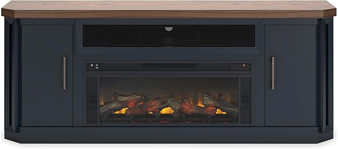 Signature Design by Ashley Landocken Contemporary 83" TV Stand with Electric Fireplace for TVs up to 95", Blue & Light Brown