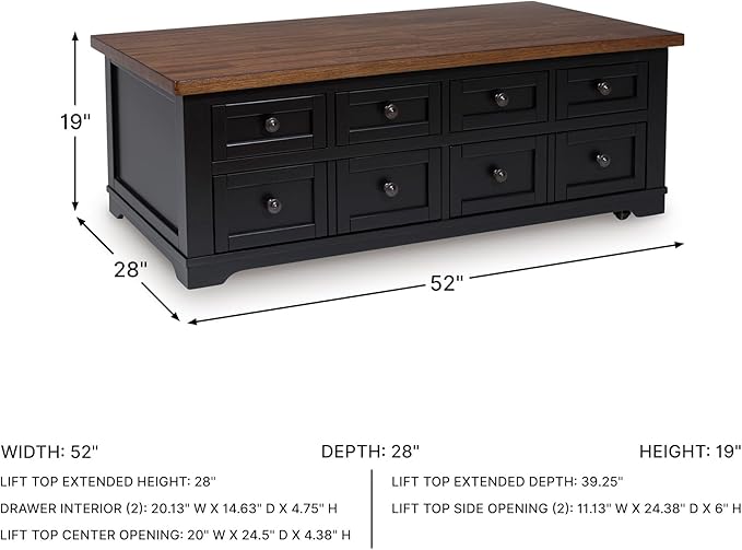 Signature Design by Ashley Wildenauer Lift Top Cocktail Table, Satin Finish Base, 2 Drawers, 2 Storage Bins, Hardwood Solids, 52" W x 28" D x 19" H, Light Brown & Black