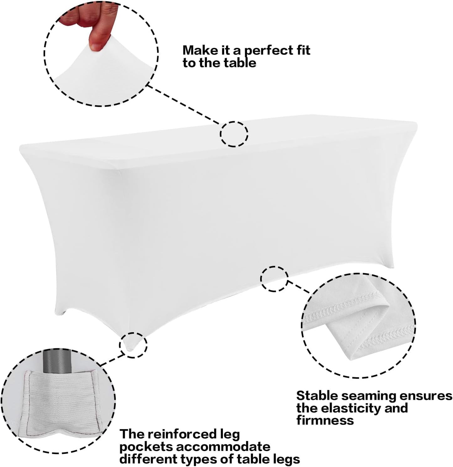 IVAPUPU 2 Pack 4FT Table Cloth for Rectangular Fitted Events Stretch White Table Covers Washable Cover Spandex Spring Tablecloth Protector for Party, Wedding, Cocktail, Banquet, Festival