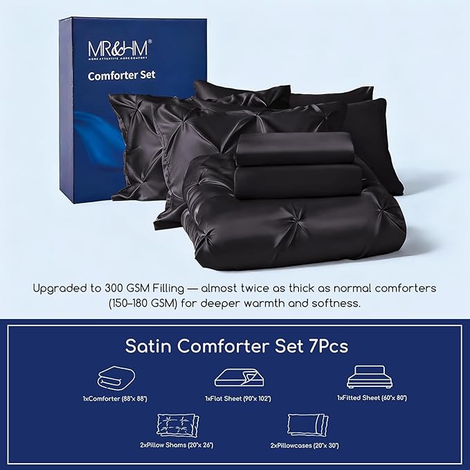MR&HM Satin Comforter Queen 7 Pieces - Luxurious Pinch Pleat Bedding Set with Comforter, Flat Sheet, Fitted Sheet, Pillowcases & Shams, Super Silky Soft Bed Set for All Season (Queen, Black)