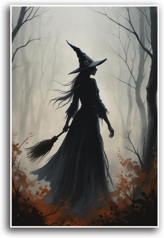 JFHCQJPK Vintage forest witch silhouette poster Halloween mural poster decoration mural art magic suitable for home living room bedroom20x30in Frameless