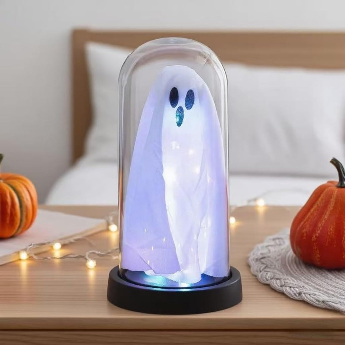 Light Up Ghost in Glass Cloche,Halloween Decorations Indoor,Cute LED Ghost Decor for Mantel,Tabletop,Cute Decorative Ornaments Suitable for Halloween Parties and Festivals(Colored Light,PVC Cover)