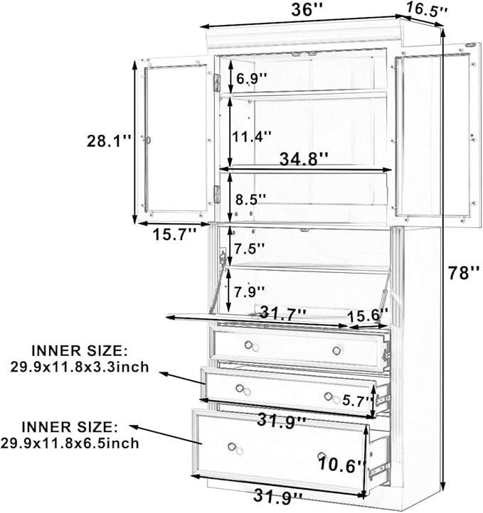 Merax 78 Inch Extra-Tall Freestanding Kitchen Pantry Storage Cabinet, Multifunctional Cupboard with 3 Drawers, Adjustable Shelves & Power Outlet Drop-Down Surface for Dining and Living Room, Natural